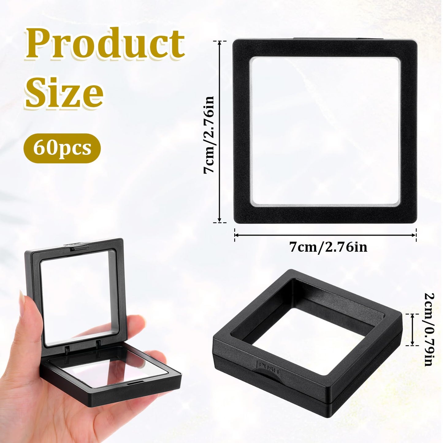 LIQWEI 60 Pcs 3D Floating Display Case, Coin Display Case Black, 2.8 x 2.8 x 0.8 Inch Coin Frame Display-Holder Stands 3D Floating Jewelry Frame for Jewelry Shells Specimen Pins
