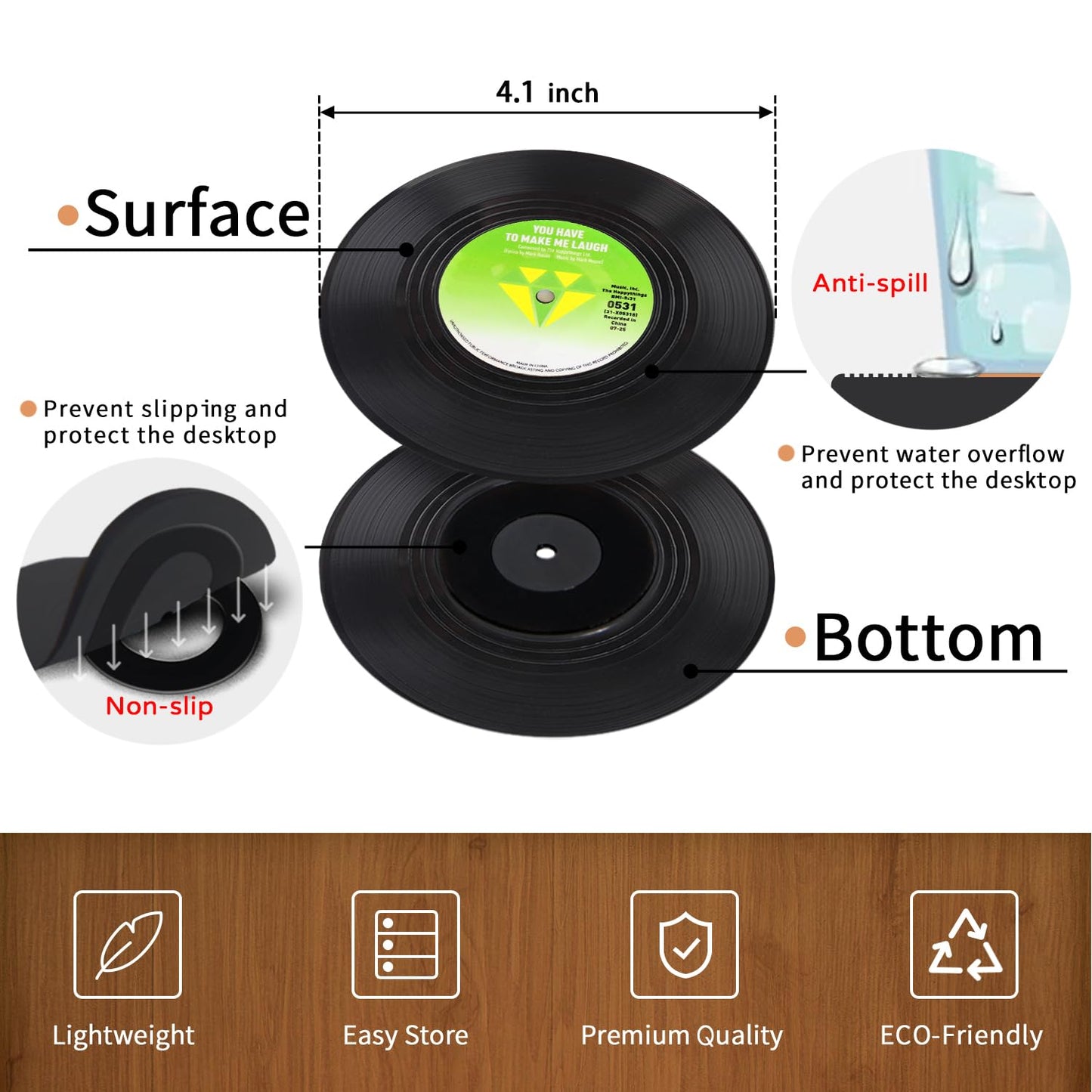 Funny Retro Record Coasters for Drinks with Vinyl Player Holder - Set of 6 Coaster White Elephant Gifts for Music Lovers, Conversation Piece Sayings,Housewarming Hostess Wedding Registry Gift Ideas