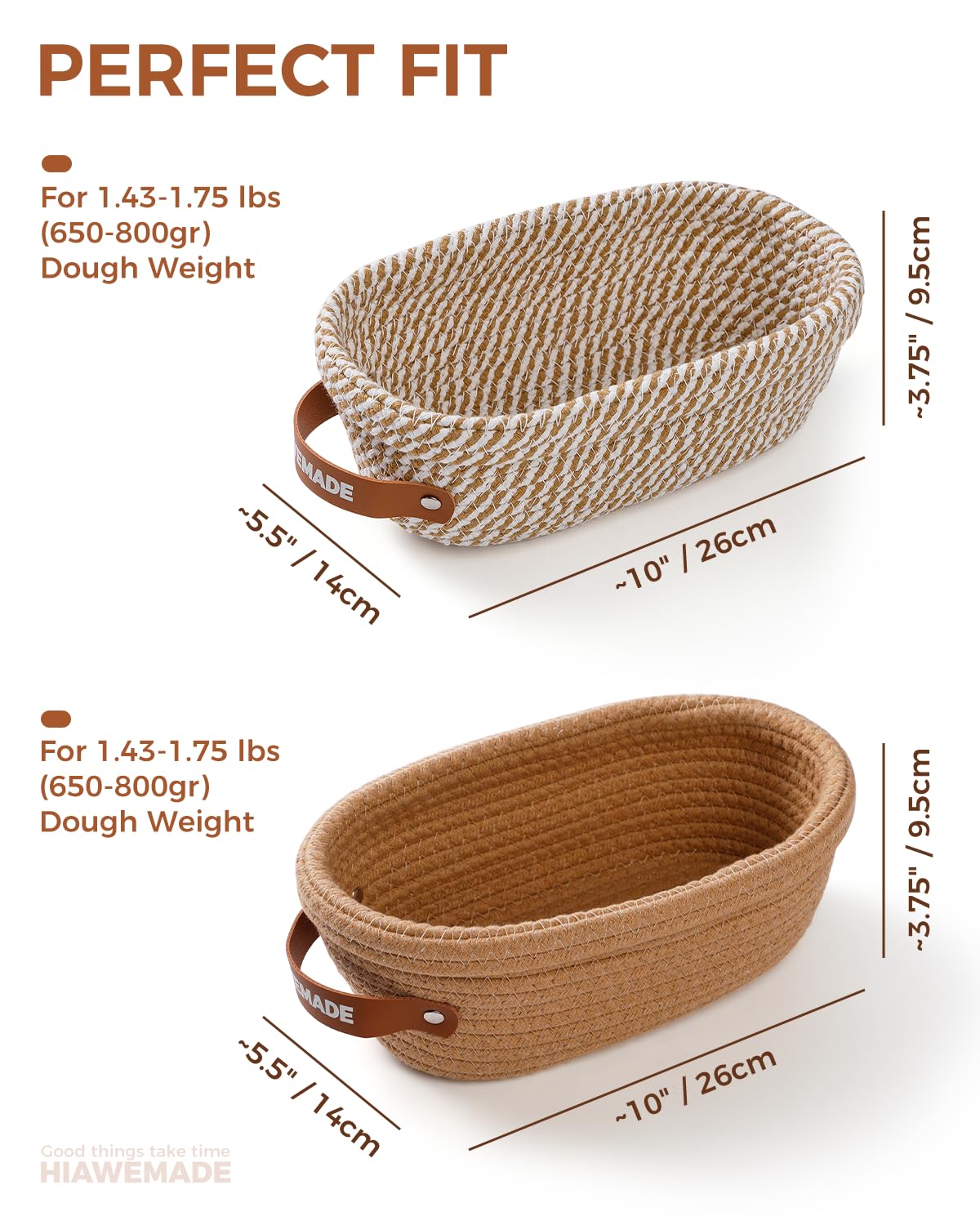 HIAWEMADE Banneton Bread Proofing Basket, Natural Cotton Rope Bread Baskets with Reusable Liners & Dust Covers, Artisan Sourdough Bread Baking Supplies, 2pcs - 10" Oval