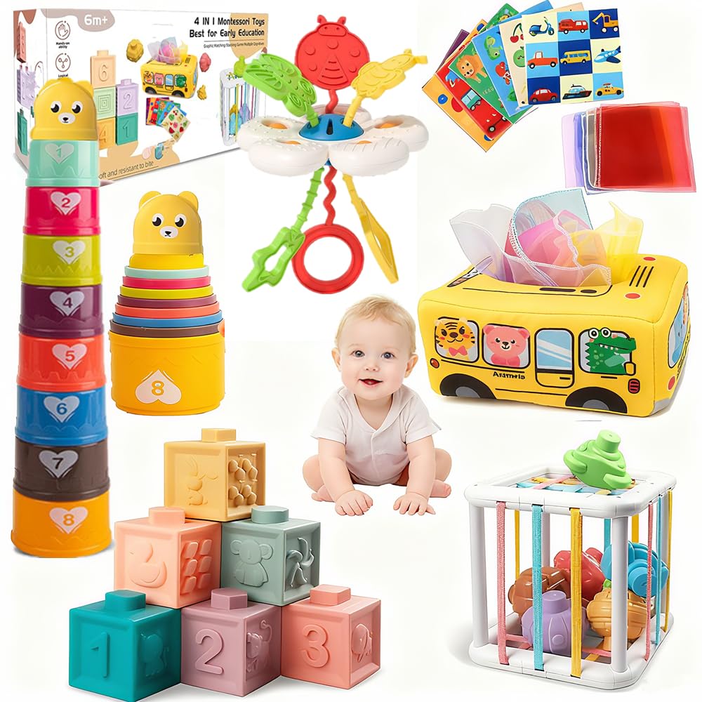 Etyat Baby Toys 6-12 Months, Montessori Toys for 1 Year Old, Silicone Pull String Teether Toy, Stacking Building Blocks Infant Toddler Toy 0-3, Shape Bin Sensory, Baby Boys&Girls Gifts Set