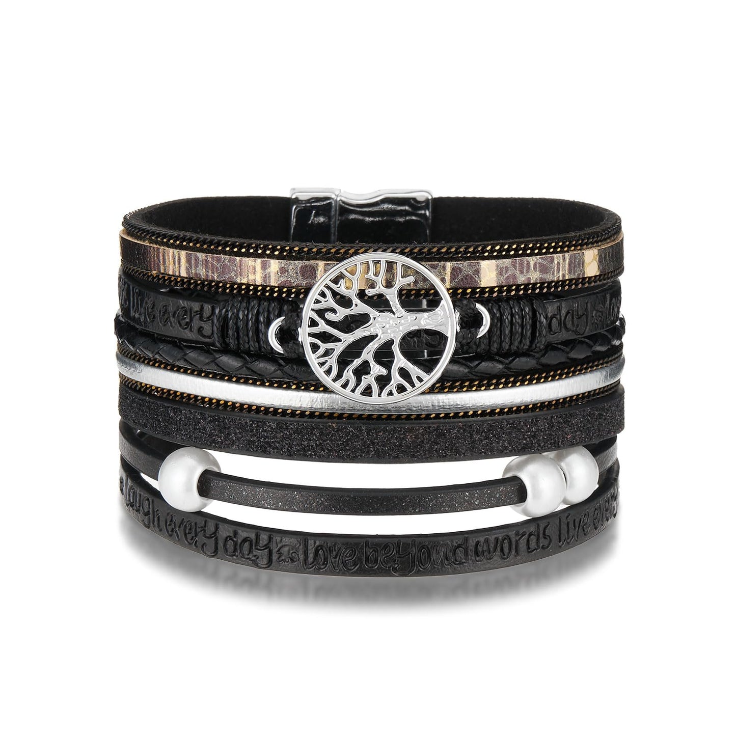 QIUTIMIY Leather Bracelets for Women Trendy Boho Cuff Bracelet Layered Bangle with Clasp Hand Wrist Jewelry Western(Style 5-Black)