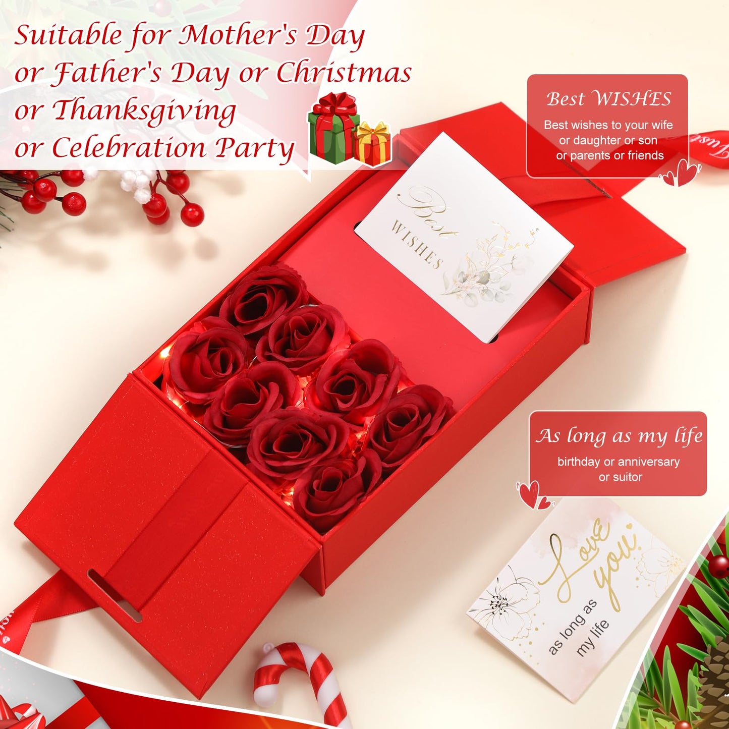 Resholder Money Pull Box for Cash Gift Birthday Money Pull out Gifts with 8 Rose 2 Greeting Card 1 Light String for Mom Husband Wife Anniversary Christmas(Red)