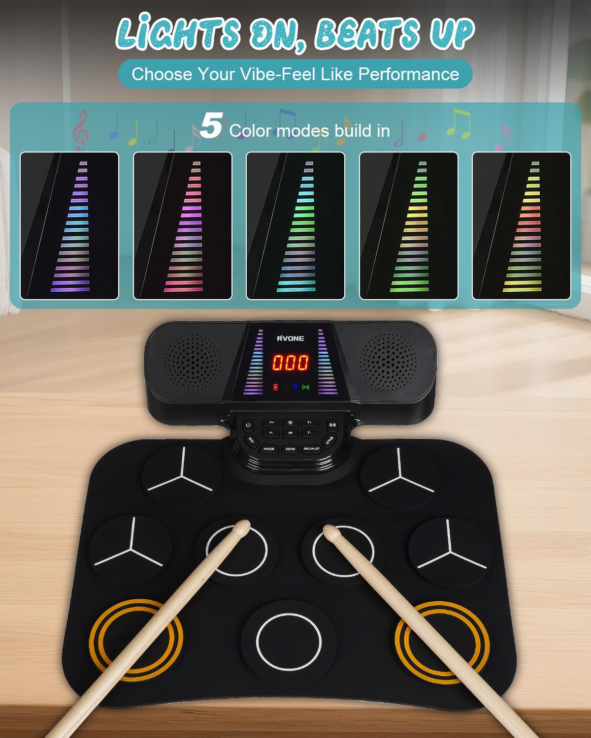 RVONE Electronic Drum Pad for Kids Beginner with Screen, 9 Pad Roll-Up Electric Drum Set with 5 Light Mode, Built-in 2 Powerful Speakers, for 3-12 Boys Girls Chritsmas Gift