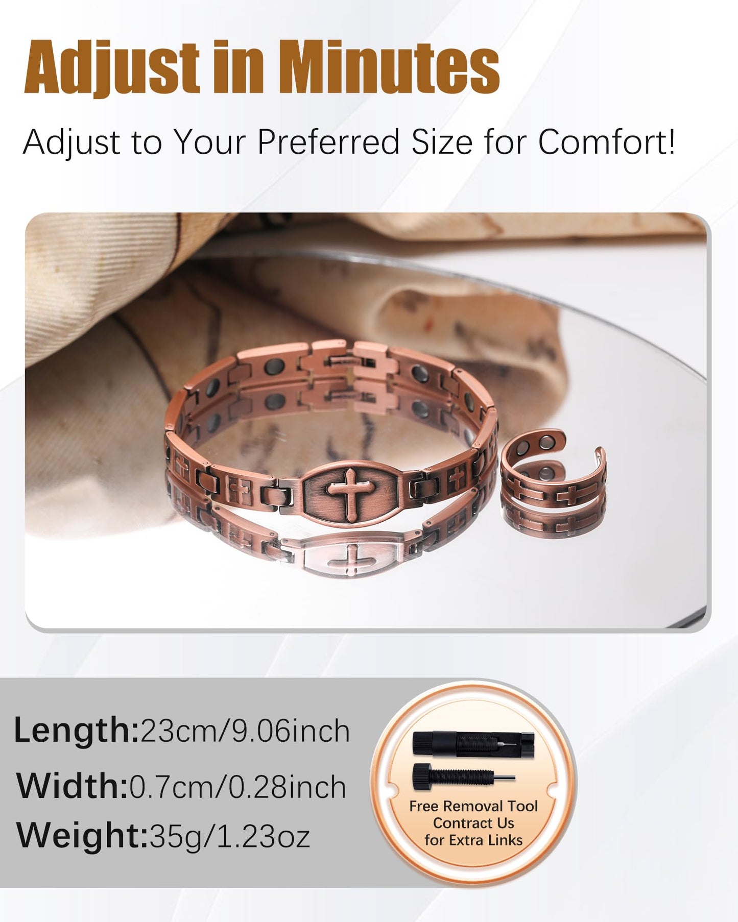 Jeracol Copper Cross Magnetic Bracelet for Women - 99.9% Solid Pure Copper Strong Magnets Jewelry Gift Adjustable Length With Ring