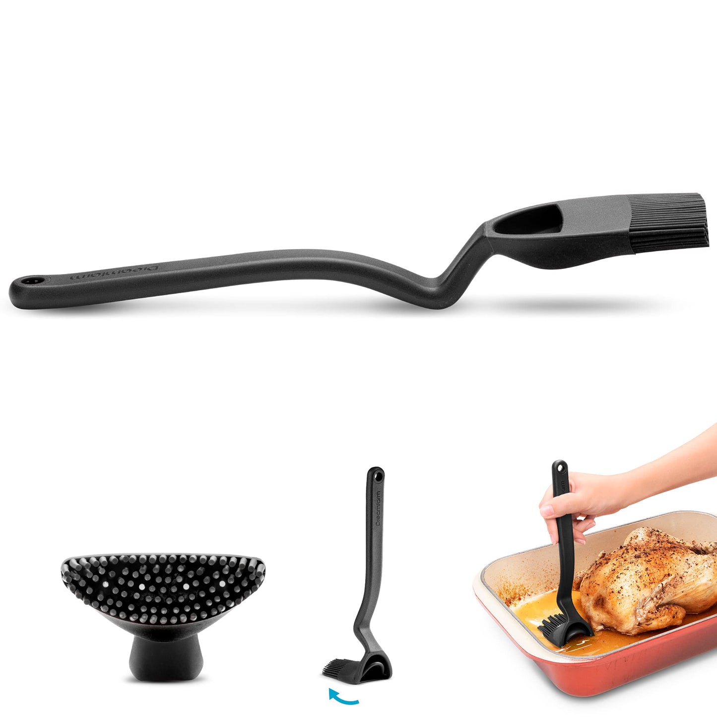Dreamfarm Brizzle 3-In-1 Flexible Silicone Sit-Up Basting, Drizzle, Scooping Brush with In-Built Sauce Resevoir - Black