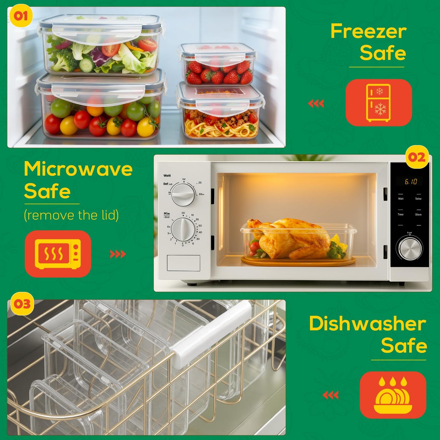 6 Pack Large Food Storage Containers with Lids (85oz/50oz/34oz) –BPA-Free Reusable Thicker Plastic Freezer Safe Storage Containers, Airtight & Leakproof Kitchen Meal Prep Containers for Food