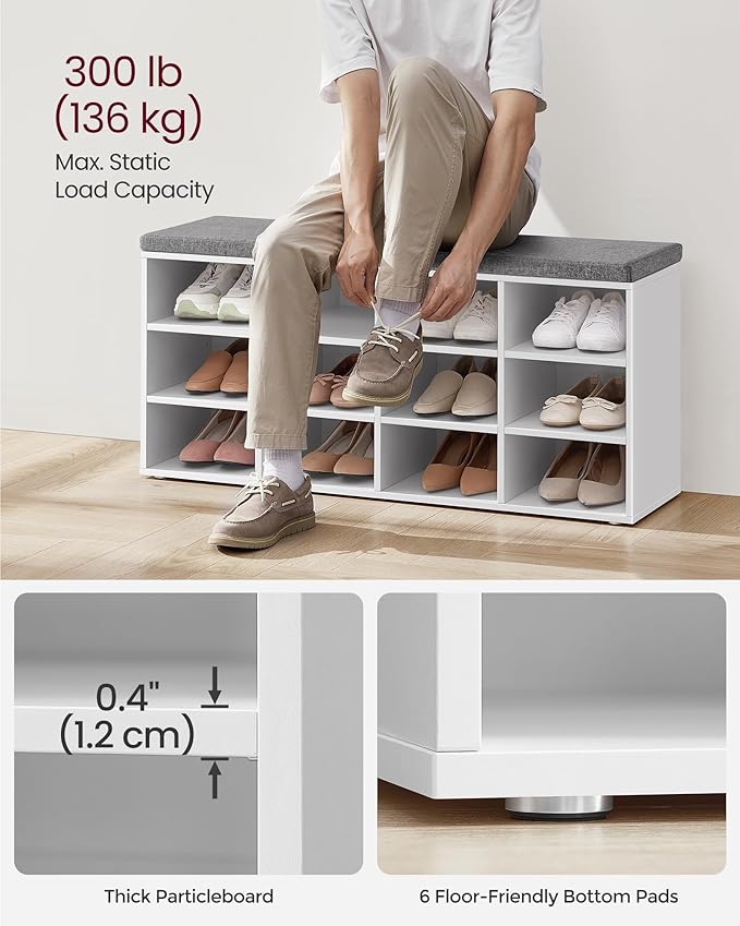 VASAGLE CUSTOS Collection - Shoe Bench, Storage Bench with Padded Seat, Entryway Bench with 12 Compartments, for Bedroom, 11.9 x 40.9 x 18.9 Inches, Cloud White and Slate Gray ULHS012W14
