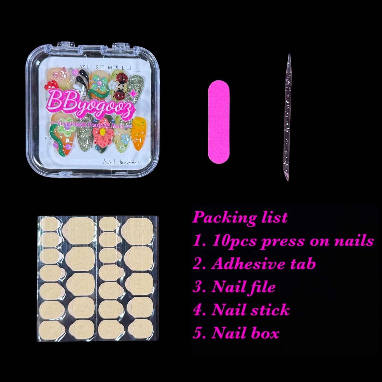 Handmade Press on Nails, 3D Floral Art Fake Nails with Red Mushroom, Ladybug, Butterfly & Glitter, Medium Almond Shape Acrylic False Nails Magic Garden (S)