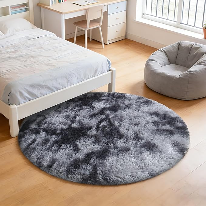 Tie-Dyed Black Fluffy Round Rug,Soft Area Rugs for Girls Room,Shaggy Rugs 6'X6' for Living Room,Non Slip Circle Rug for Kids Bedroom,Shag Plush Nursery Rug,Plush Carpet for Dorm,Cute Furry Room Decor
