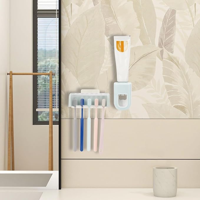 5 Slots Wall Mount Toothbrush Holder with Cover, Self Adhesive Toothbrush Storage Organizer for Shower, Toothbrush Hanger with Automatic Toothpaste Squeezer Dispenser (Blue)
