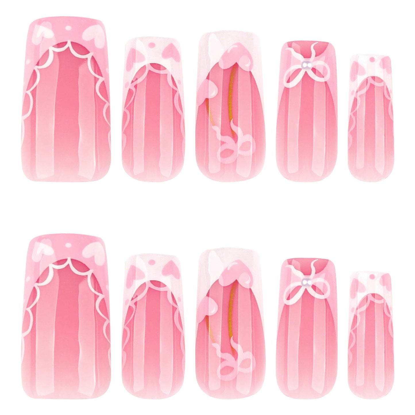 French Tip Press on Nails Medium Square Fake Nails Pink Bow Heart False Nails Glossy Lace Acrylic Nails Cute Reusable Full Cover Glue on Nails for Women Manicure 24Pcs
