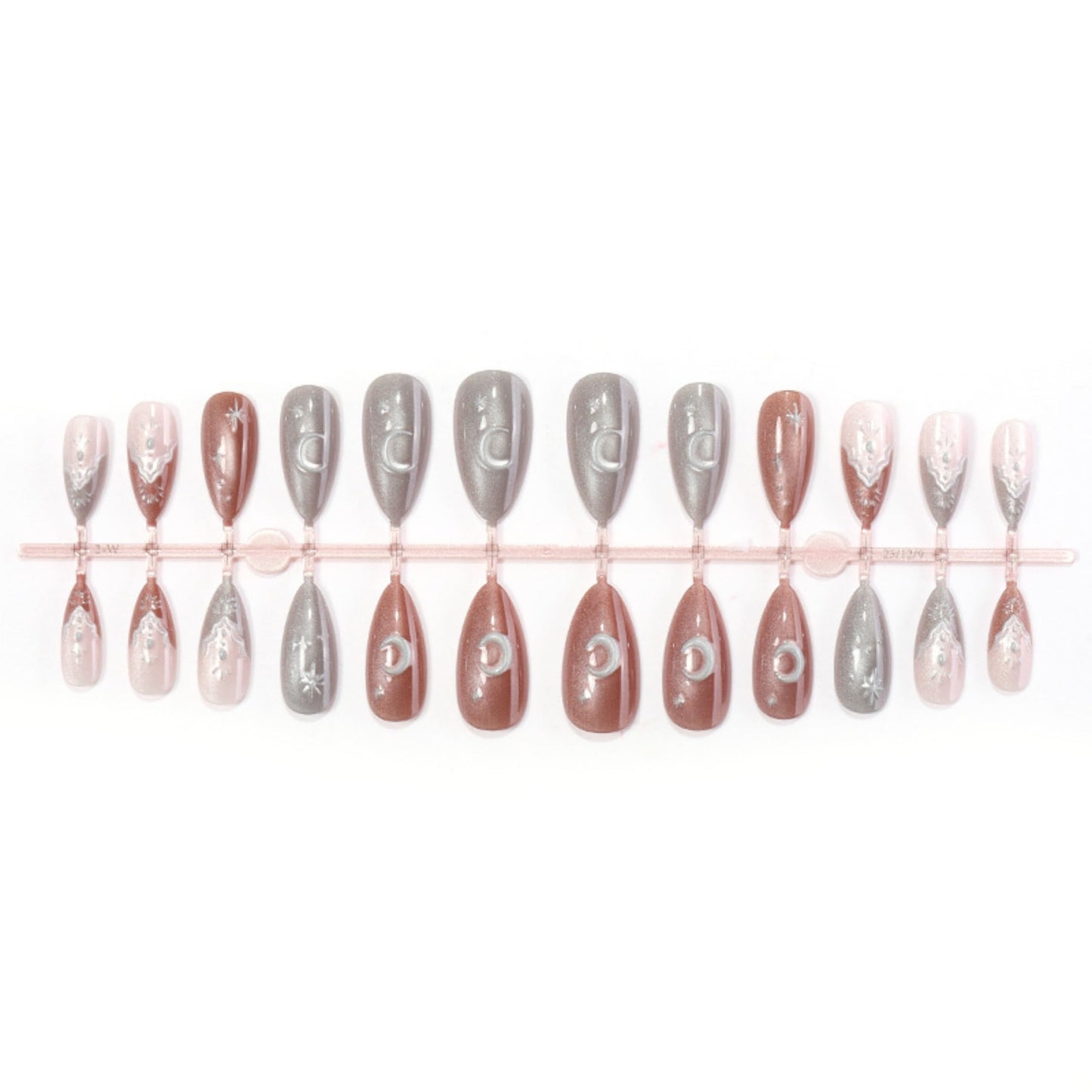 Long Press on Nails Almond Fake Nails Brown and Silver Acrylic Nail Press ons Seeneey Moon and Silver Floral Charm Designs Cat eye Stick on Nail for Women 24pcs