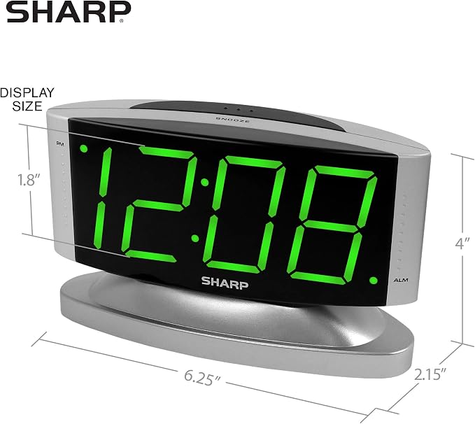 Sharp Digital Alarm Clock with Swivel Base, Green LED, Dimmer, Silver | Large green LED digits; Adjustable swivel base; Brightness dimmer; Snooze alarm; Simple controls; Silver case
