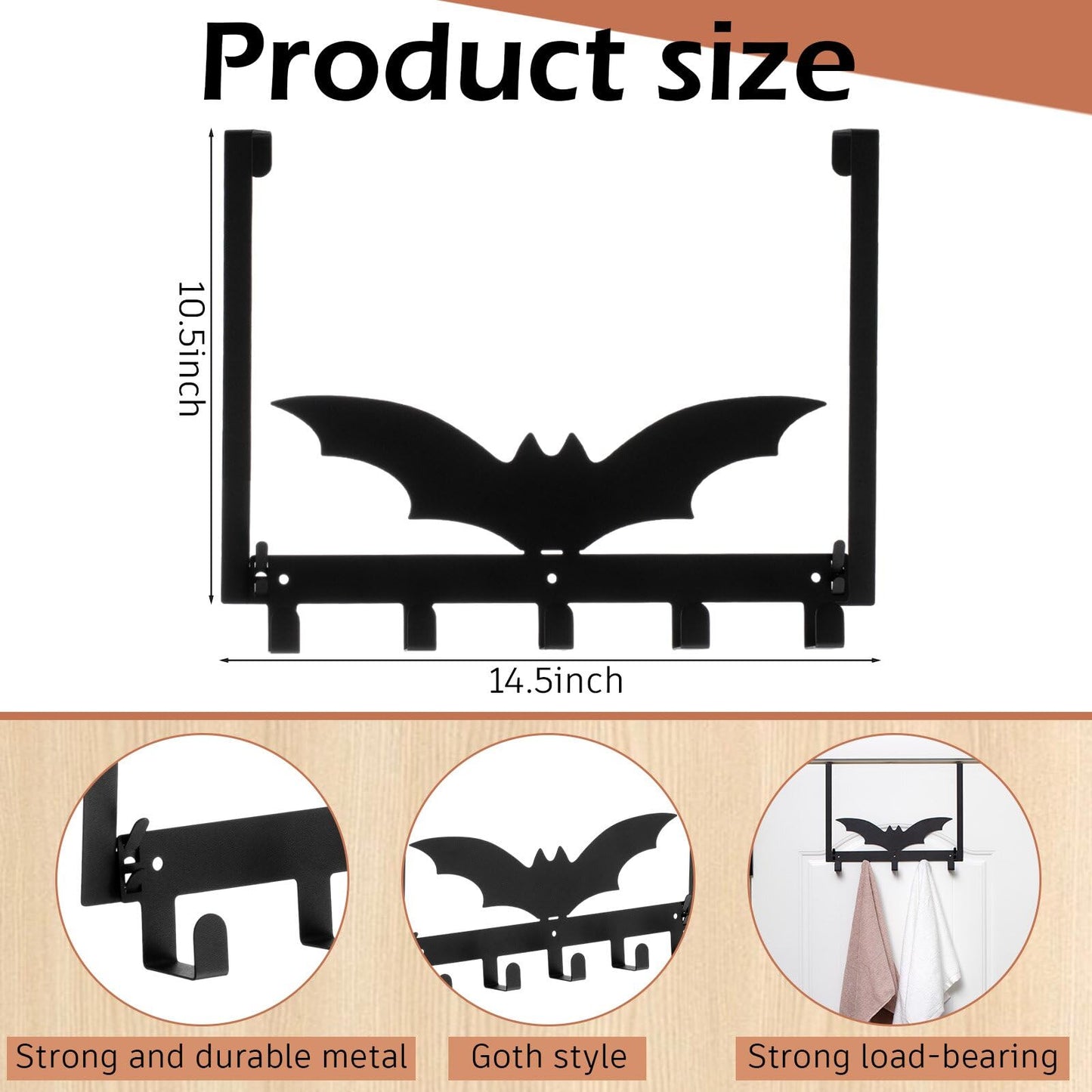 Reallnaive Gothic Bat Over The Door Hooks Goth Bathroom Decor Creepy Hanger Wall Mount Rack Holder for Towel, Hat, Coat, Cloth, Keychain, Bag, Home Organizer