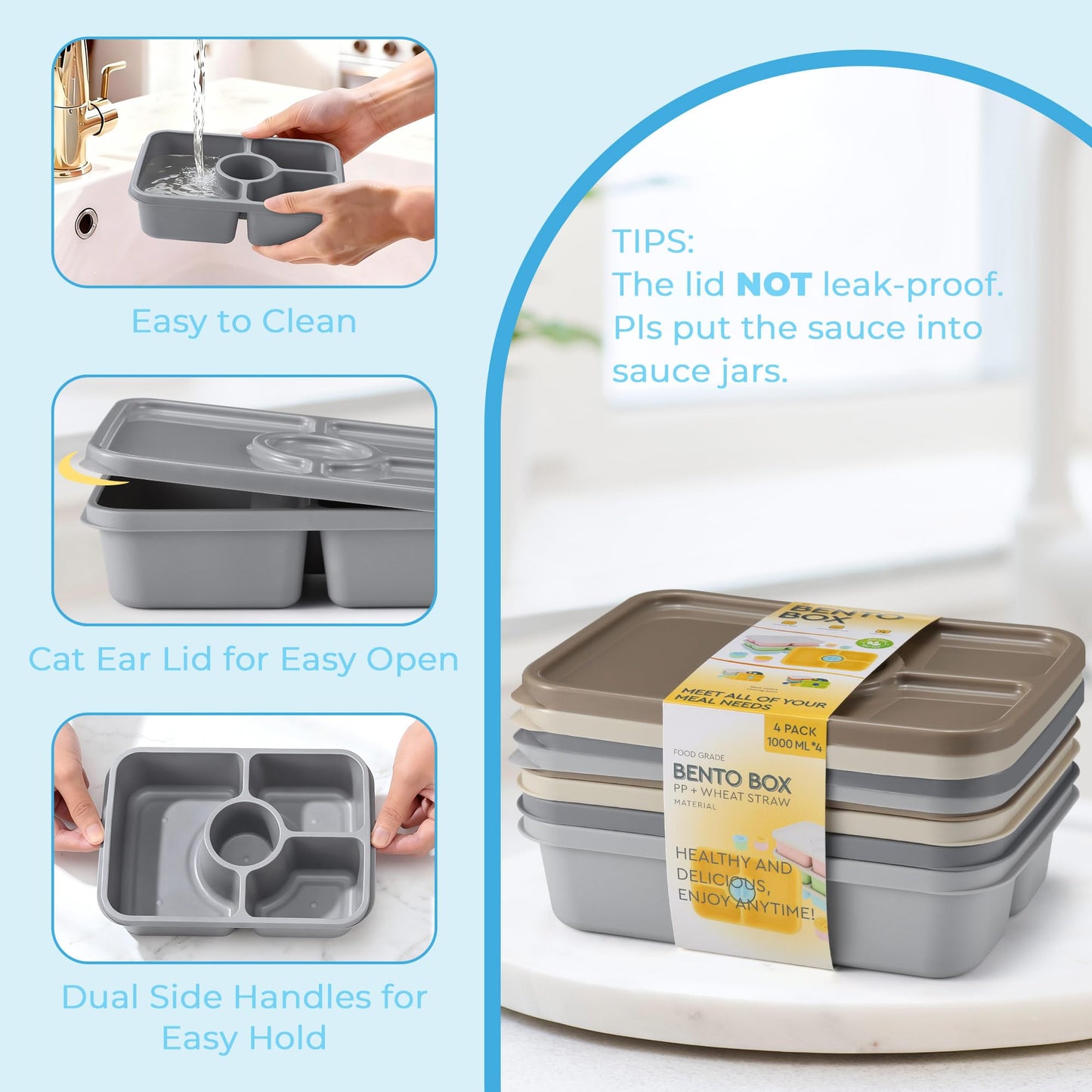 Bento Snack Box Containers, Reusable Meal Prep Lunch Containers for Adults Kids, Stackable Bento Snack Box 4 Pack, Divided Lunchable Food Storage Containers with Sauce Container, Modern Grey