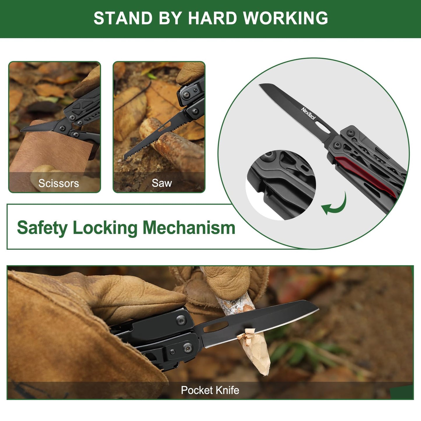 NexTool Multitool, 11 in 1 Multi Tool with Needle Nose Pliers, Scissors and Screwdriver Bits, Stainless Steel Multi Tool Pocket Knife with Safety Locking for Camping,Fishing,Hiking, Mens Gifts Unique