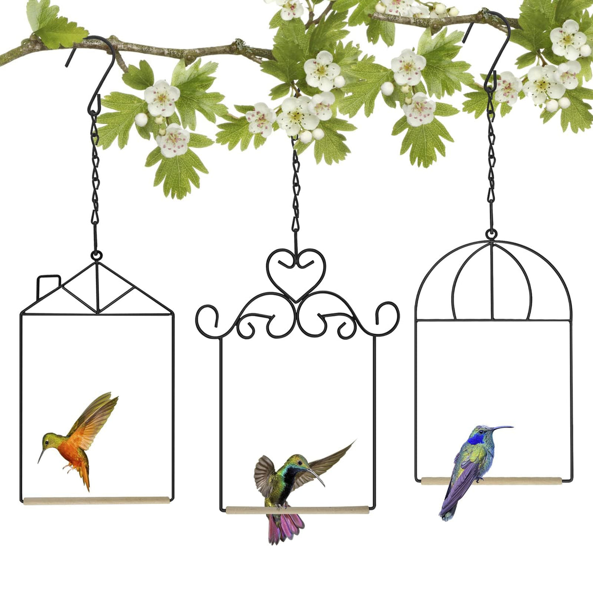 XYADX Metal Frame Hummingbird Swings and Perches with Wooden Dowel Black Bird Swing Outdoor Bird Perch Humming Bird Swing (4PK)