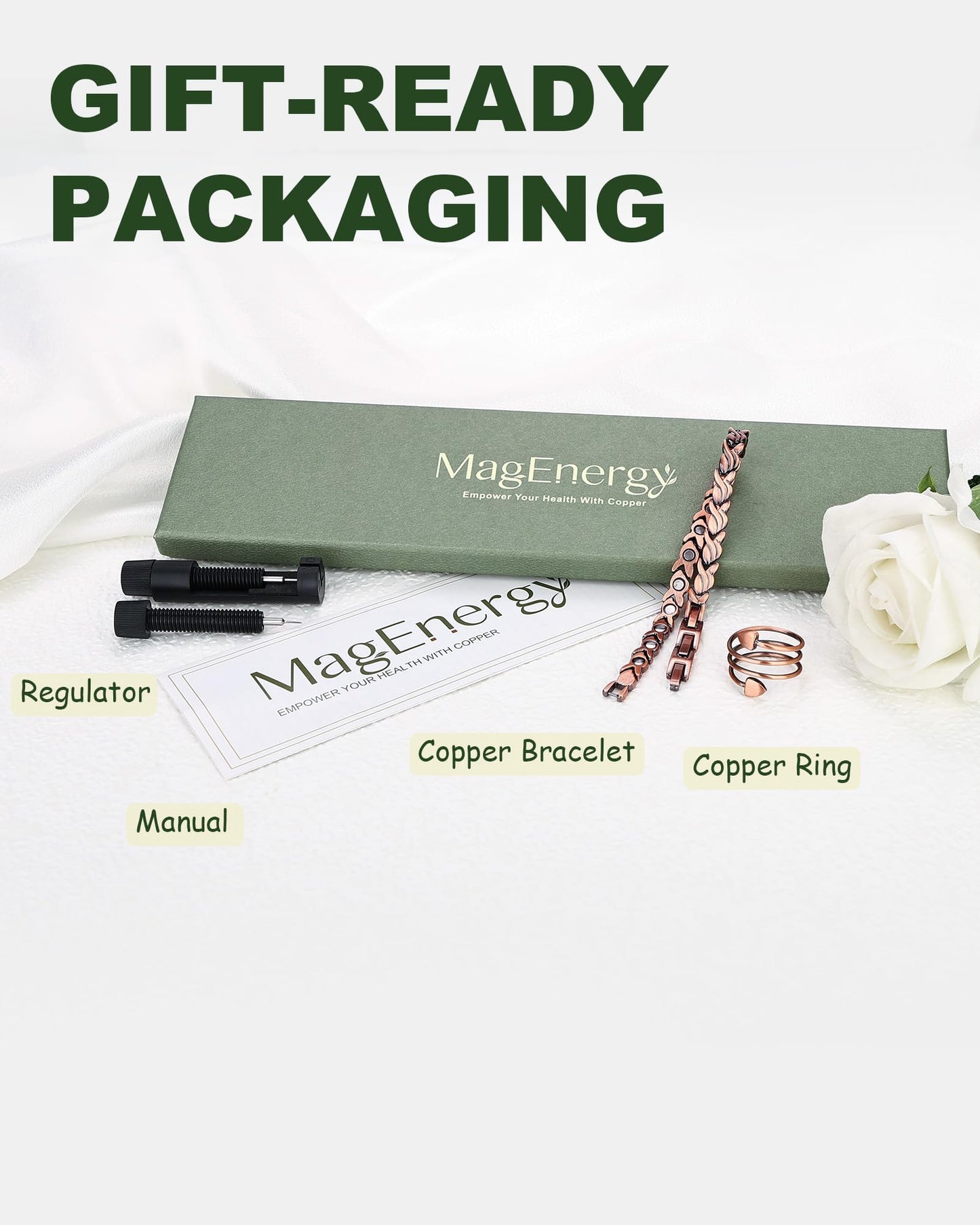 MagEnergy Copper Bracelet for Women, 99.99% Pure Solid Copper Bracelet with 3500 Gauss Magnetic, Adjustable, Jewelry Gift (Copper-Fishtail+Ring)
