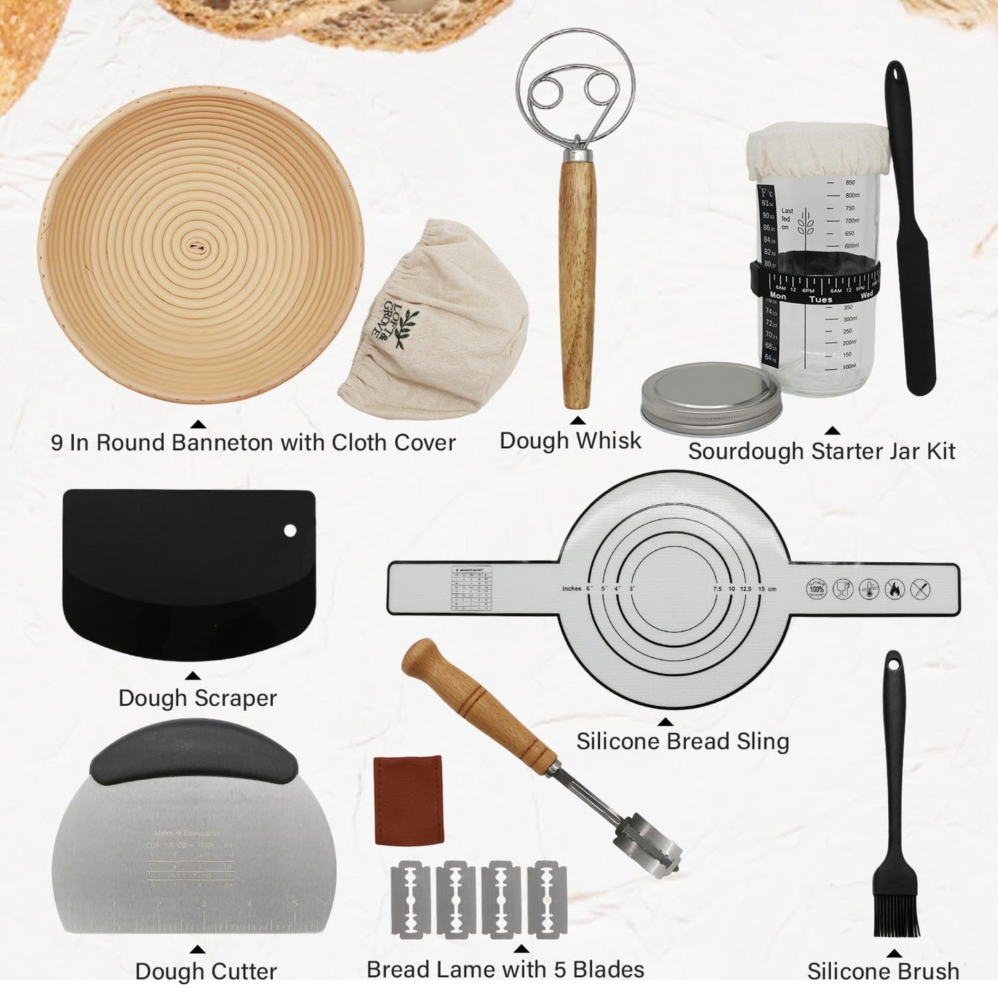 Loft & Grove Sourdough Starter Kit – Complete Bread Baking Kit with 9” Banneton Proofing Basket, 34oz Starter Jar with Feeding Tracker, Dough Whisk, Bread Lame – Beginner Sourdough Baking Supplies