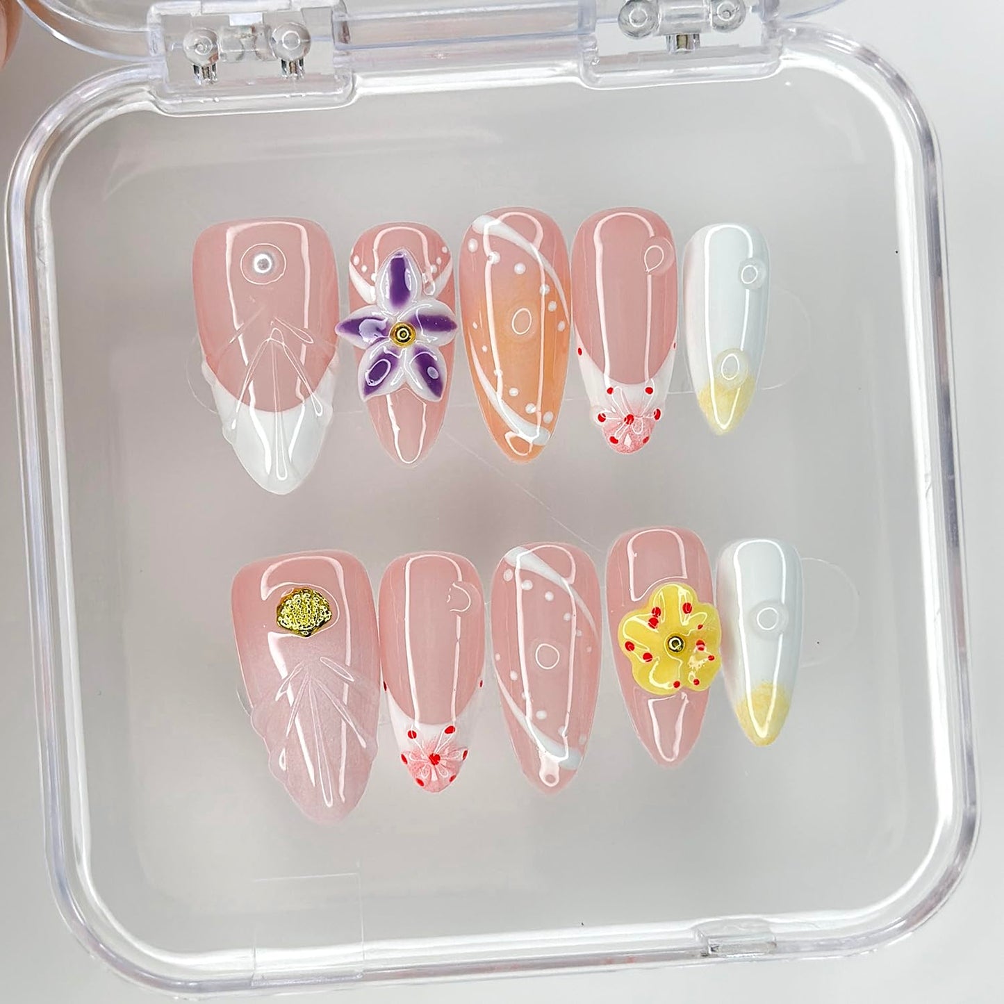 Luxury Press on Nails Medium Almond Handmade 3D Unique Reusable ABS Material Fake Nails French Tip False Nails with Designs Yellow&Purple Floral Art Petal Glossy Glue on Nails Thick Acrylic Nails(M)