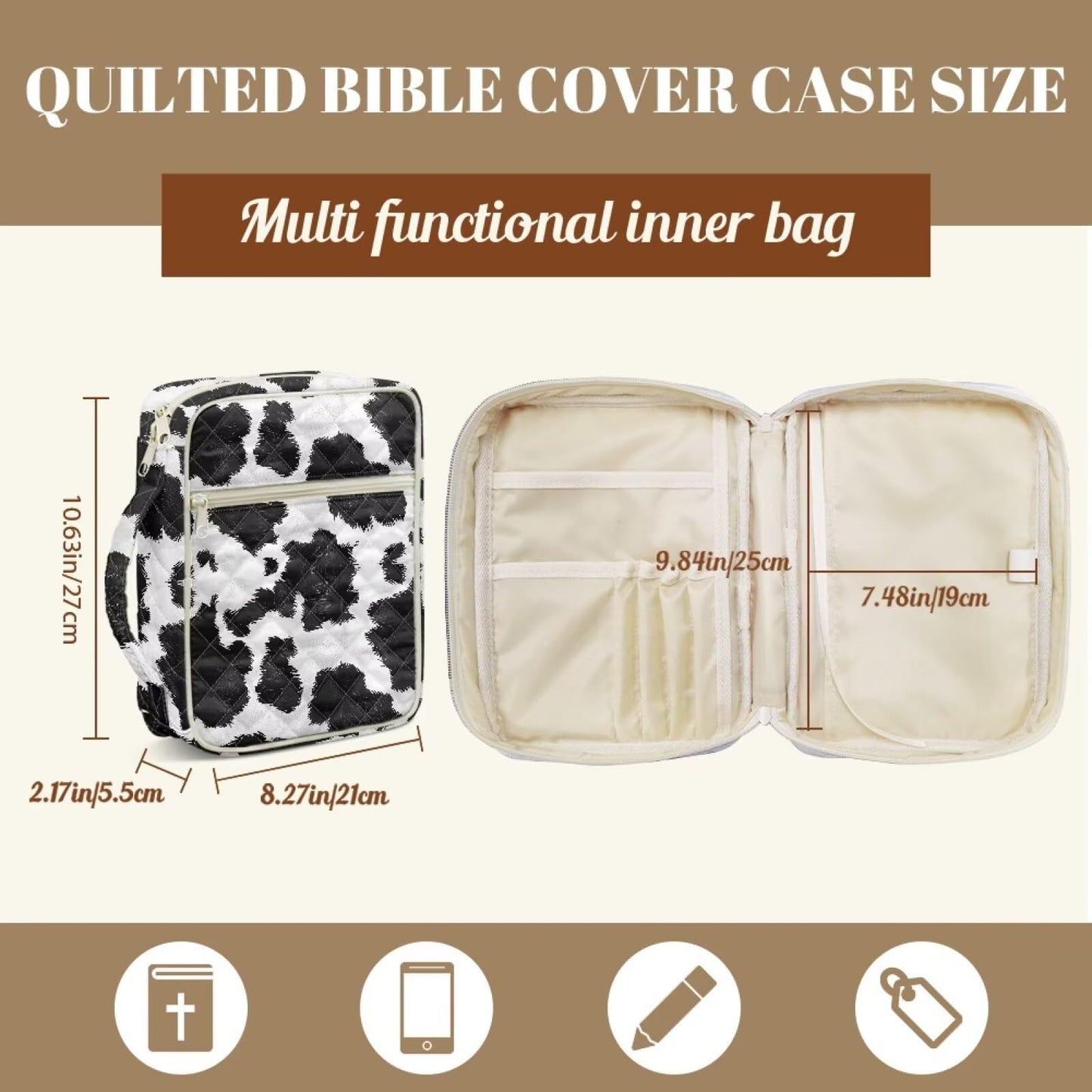 NETILGEN Black and White Cow Print Quilted Bible Carrying Case for Women Bible Cover with Handle Scripture Study Supplies Accessories Christian Gifts