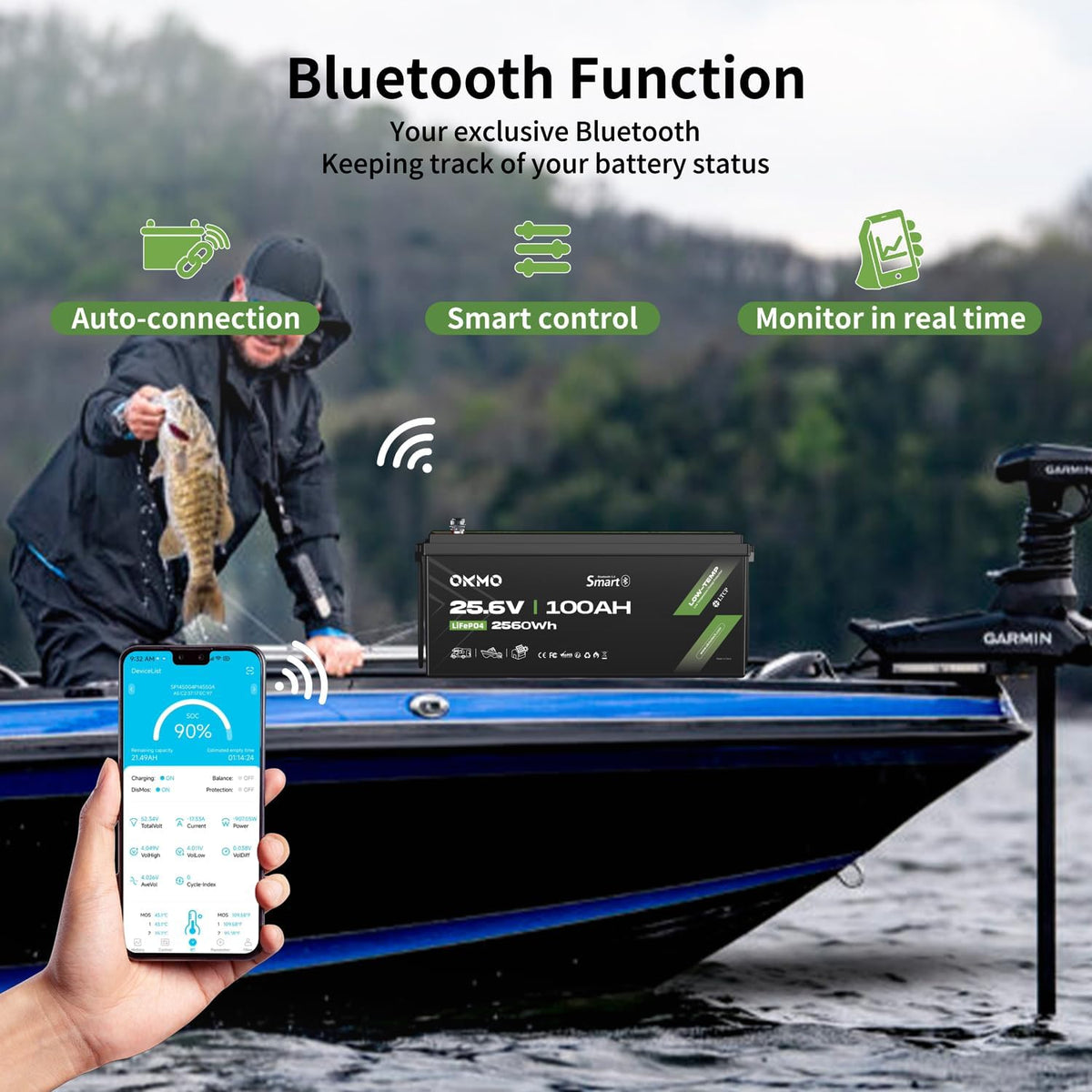OKMO 24V 100Ah LiFePO4 Lithium Battery with Bluetooth for Marine, Trolling Motor, RV, 10 Years 15000+ Deep Cycles, 25.6V Iron Phosphate for Home Solar Energy Storage Off-Grid