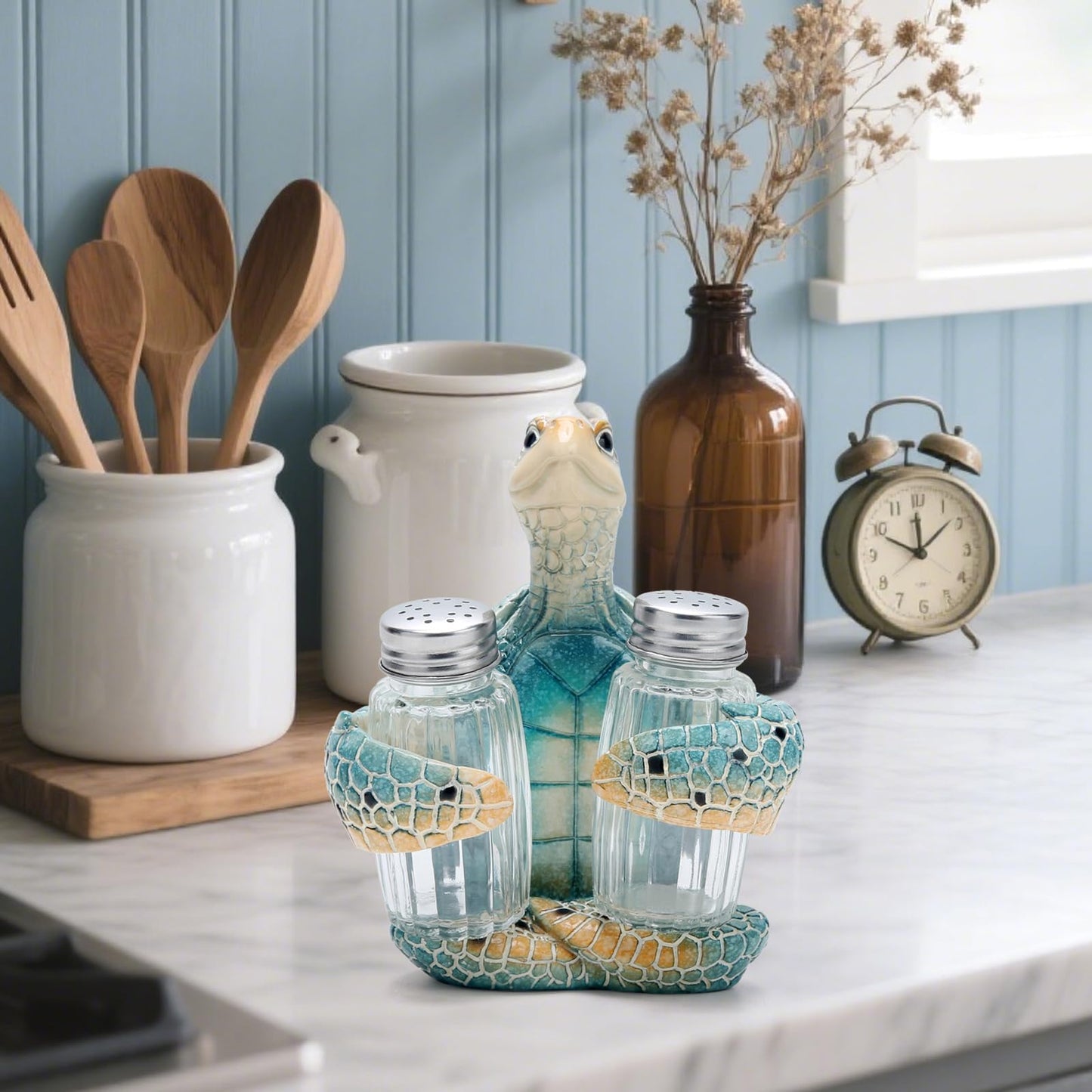 Hodao Sea Turtle With Salt and Pepper Shaker Figurines Decorations Turtle Set with Holder Figurine for Beach Bar or Tropical Kitchen Decor Turtle Table Decorations For Home Gifts (Turtle)