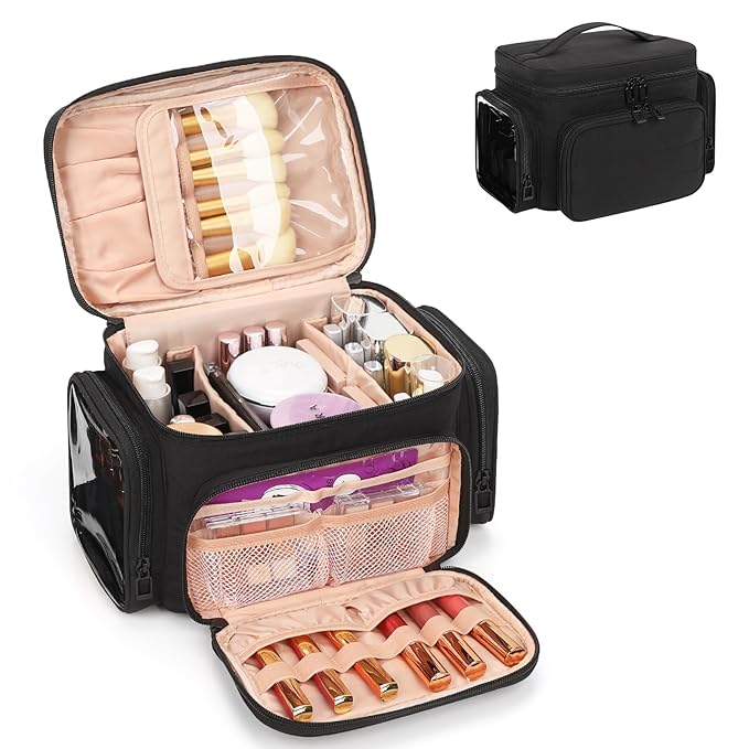 Travel Makeup Bag, Lightweight Large Makeup Bag Organizer for Women Girls with Makeup Brush Compartment & Two Side Pockets, Cosmetic Travel Bag Vertical Storage- Black02