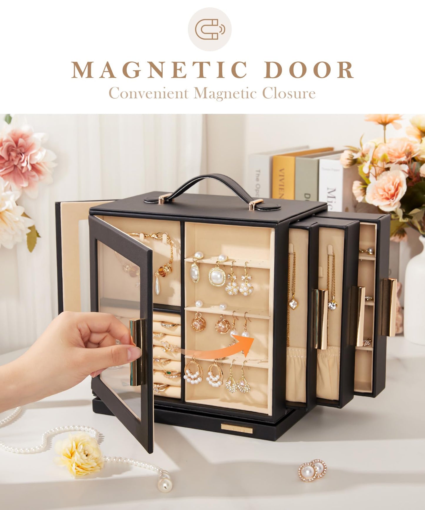 Homde Jewelry Box for Women Large: Rotating Organizer for Ring Earring Necklace Bracelet - 7 Drawers Storage for Dresser (Black)