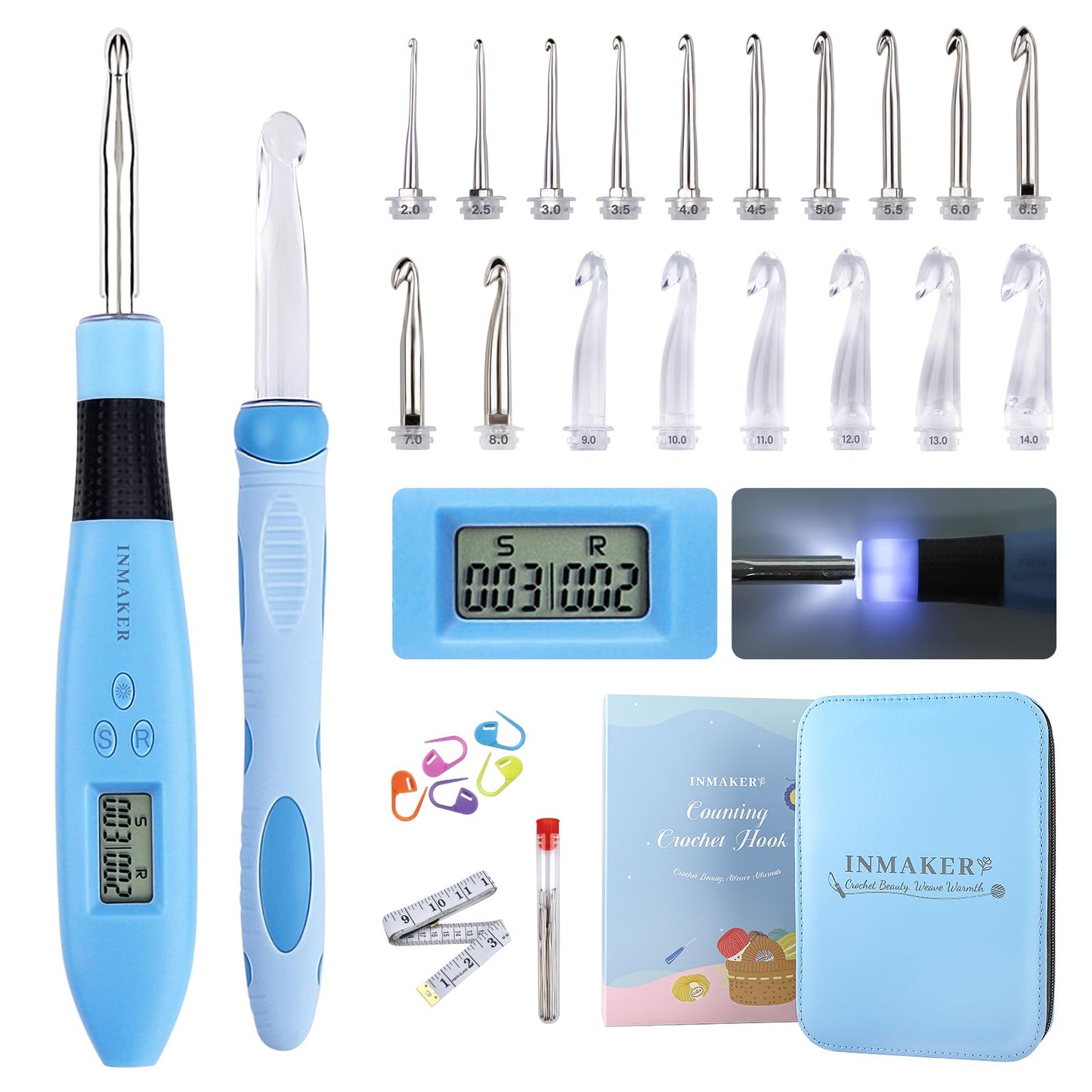 INMAKER Light up Crochet Hooks Ergonomic Soft Grip, Large Counting Crochet Hook Set Digital, Lighted Crochet Needles Kit with Case