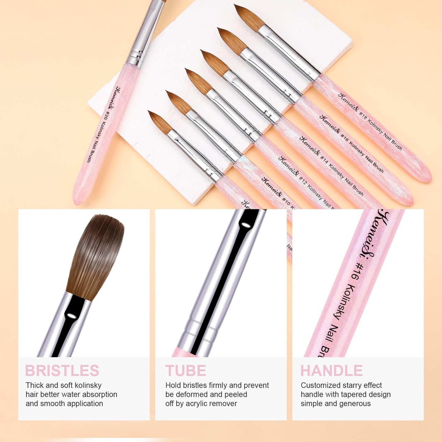 KEMEISI Acrylic Nail Brush Size #16, 100% Pure Kolinsky Nail Art Brushes for Acrylic Application, Sturdy Starry Handle Oval Shaped Nail Design Tools for Professional Manicure DIY, Pink