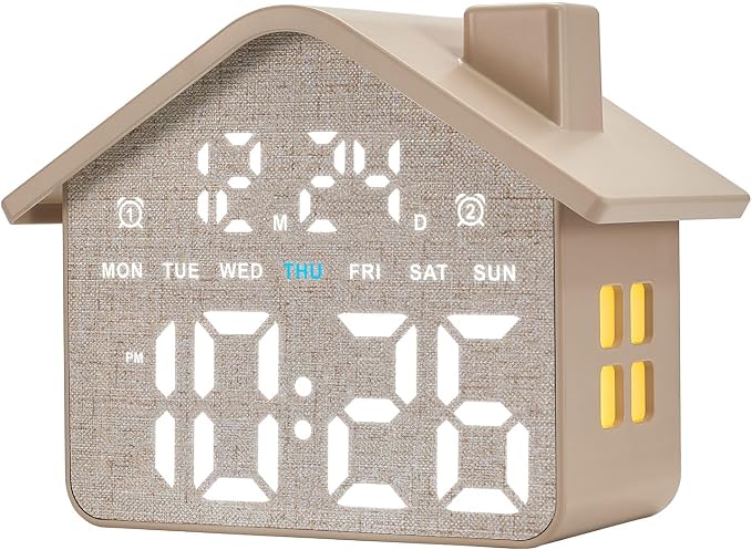 Plumeet Digital Alarm Clock, Bedroom Clock with Large Numbers, Date, Week, Dual Alarms, Dimmer and Ambient Light, House-Shaped Electric Bedside Desk Clock, Adapter Batteries Powered, Grey