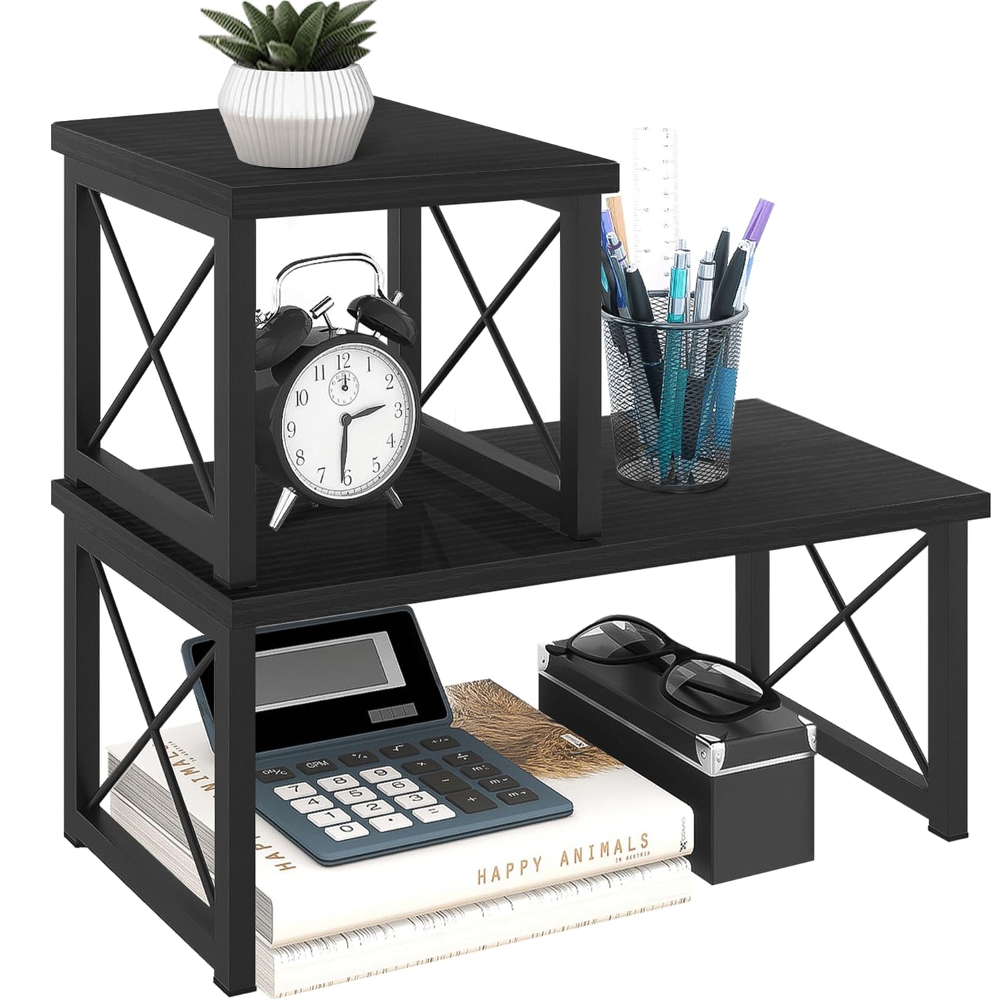 ELITEROO Wood Desktop Shelf, Freestanding Small Bookshelf Dorm Supplies Organizers, 2 Tier Independent Stackable Desk Stand, Adjustable Storage Organizer, Kitchen Counter Display Rack, Black