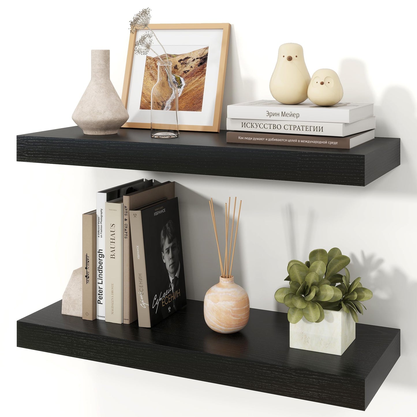 Ornawit Floating Shelves for Wall, 9.3" Deep Wall Mounted Wood Shelves for Bathroom, Bedroom, Living Room, Kitchen, Hanging Shelf for Books/Storage/Room Decor (Black, 24")
