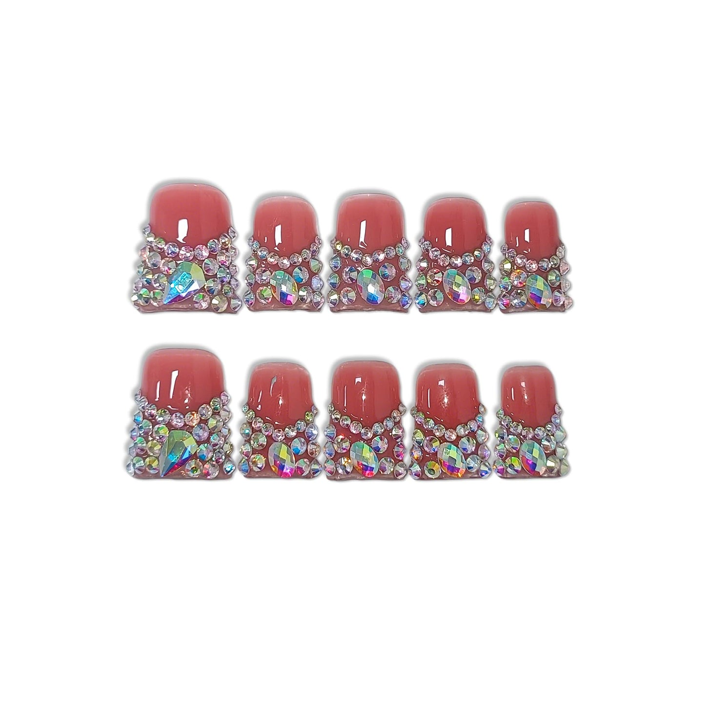 TENPAL 10Pcs Handmade Coffin Nails Kits,DuckBill Press On Nails With Tools,Icy Pink French Tip Fake Nails with Full Crystals Designs,Glitter Edgy Sweet Cool Acrylic Glue on Nails Short for Party(M)