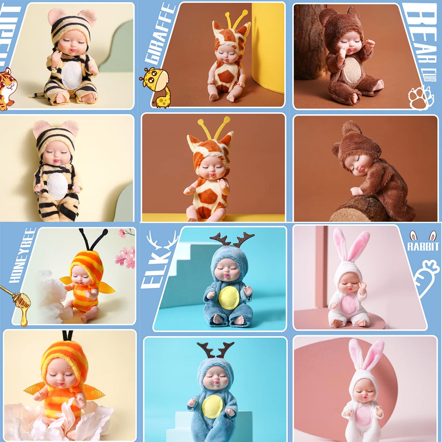 WOPLQA Miniature 3.5 "Recycled Baby Doll, Washable PVC Materialwith, Clothes and hat Toys, 6 pc Baby Doll and 1pc Toy Bottles