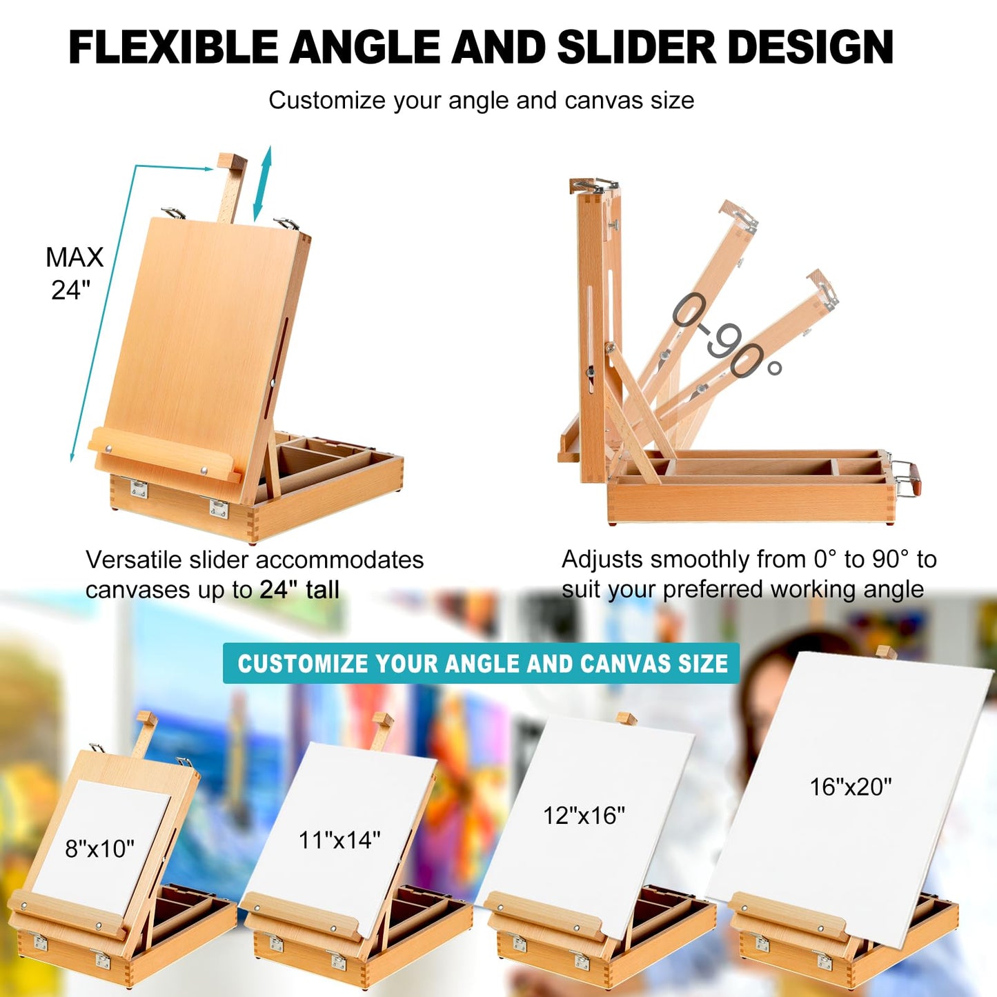 Beechwood Tabletop Easel Set for Painting, 60 Pieces 2-in-1 Art Supplies Specially Tailored for Painting & Sketching, Portable Adjustable Sketchbox Art Easel for Beginners and Art Lovers