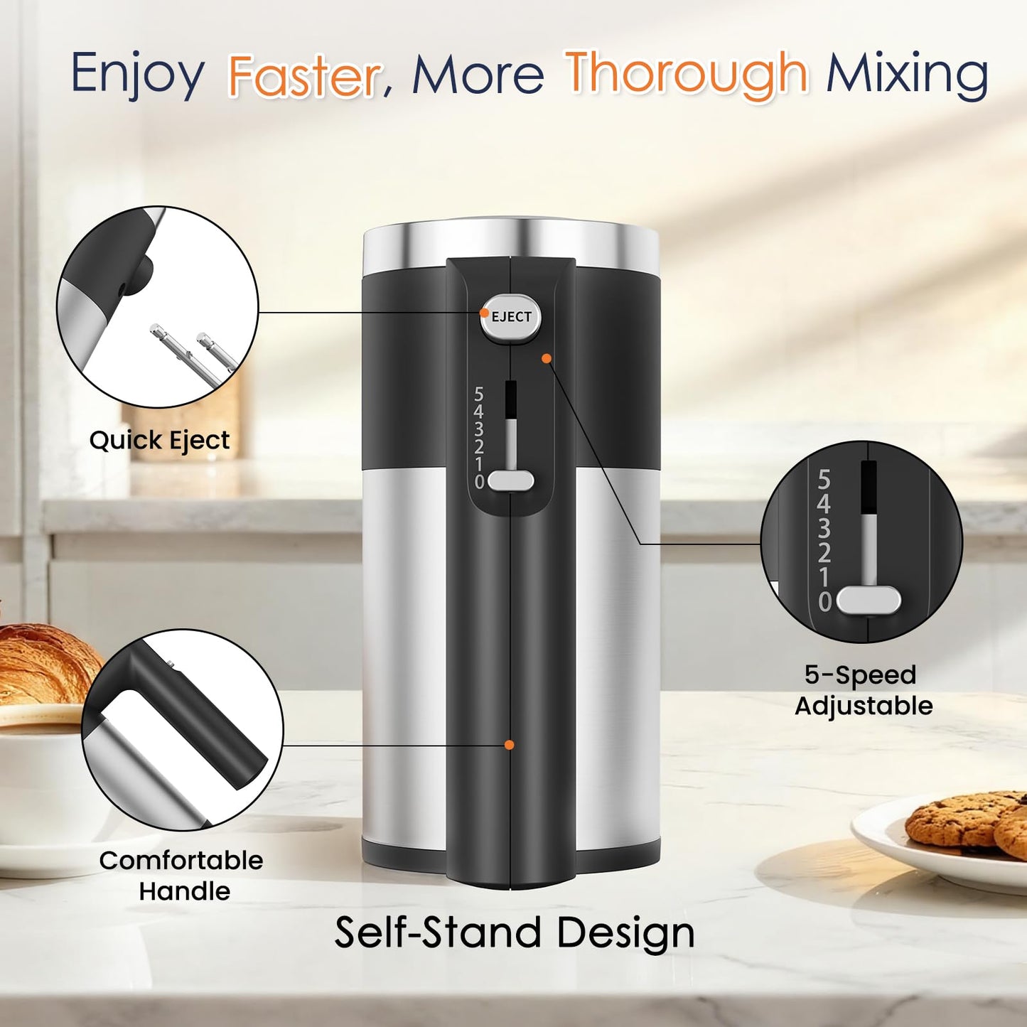 Powerful 600W Hand Mixer, 5-Speed Electric Hand Held Mixer for Baking, Lightweight Stainless Steel Hand Beaters *2 & Dough Hooks*2 with Eject Button, Kitchen Mixer for Cream, Cookies, Dough-Black