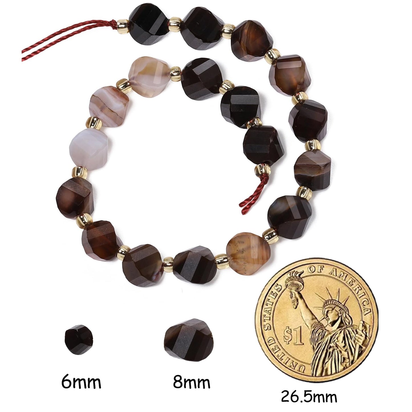 Yochus 42pcs Natural Brown Striped Agate Stone Beads for Bracelet，2strands 6mm Facted Twist Loose Gemstone Beads for Jewelry Making DIY Craft Necklace Earring
