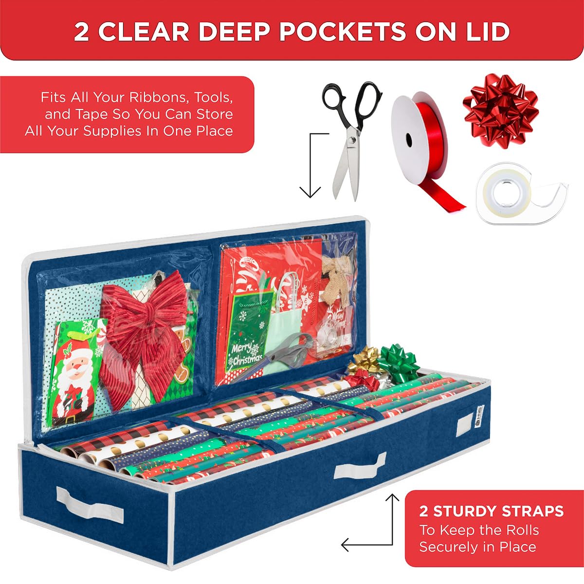 HOLDN’ STORAGE Premium Wrapping Paper Storage Container - Durable 600D Tear-Proof, Fits 27 Rolls Gift Wrap, Extra Pockets for Ribbons & Bows, Underbed Storage - Ideal for Holiday Christmas, Blue