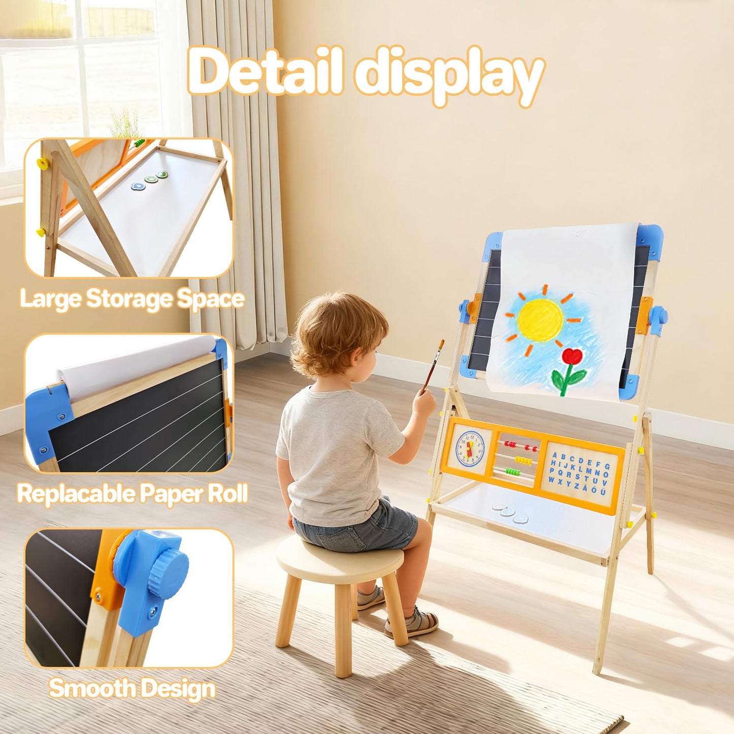 Asweets 3 in 1 Kids Art Easel, Magnetic Whiteboard/Chalkboard with Drawing Paper Roll, Abacus/Clock/Alphabet Chart - Educational Toy for Toddlers Preschoolers (3-8)