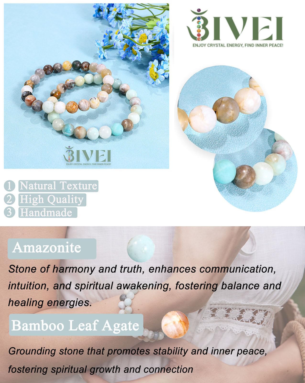 Bivei Natural Gemstone Semi Precious Crystals Handmade Stretchy Round Beads Bracelet, Enhance Positive Energy,Stocking Stuffers for Women(Bamboo Leaf Agate & Amazonite (Good Luck) Large)