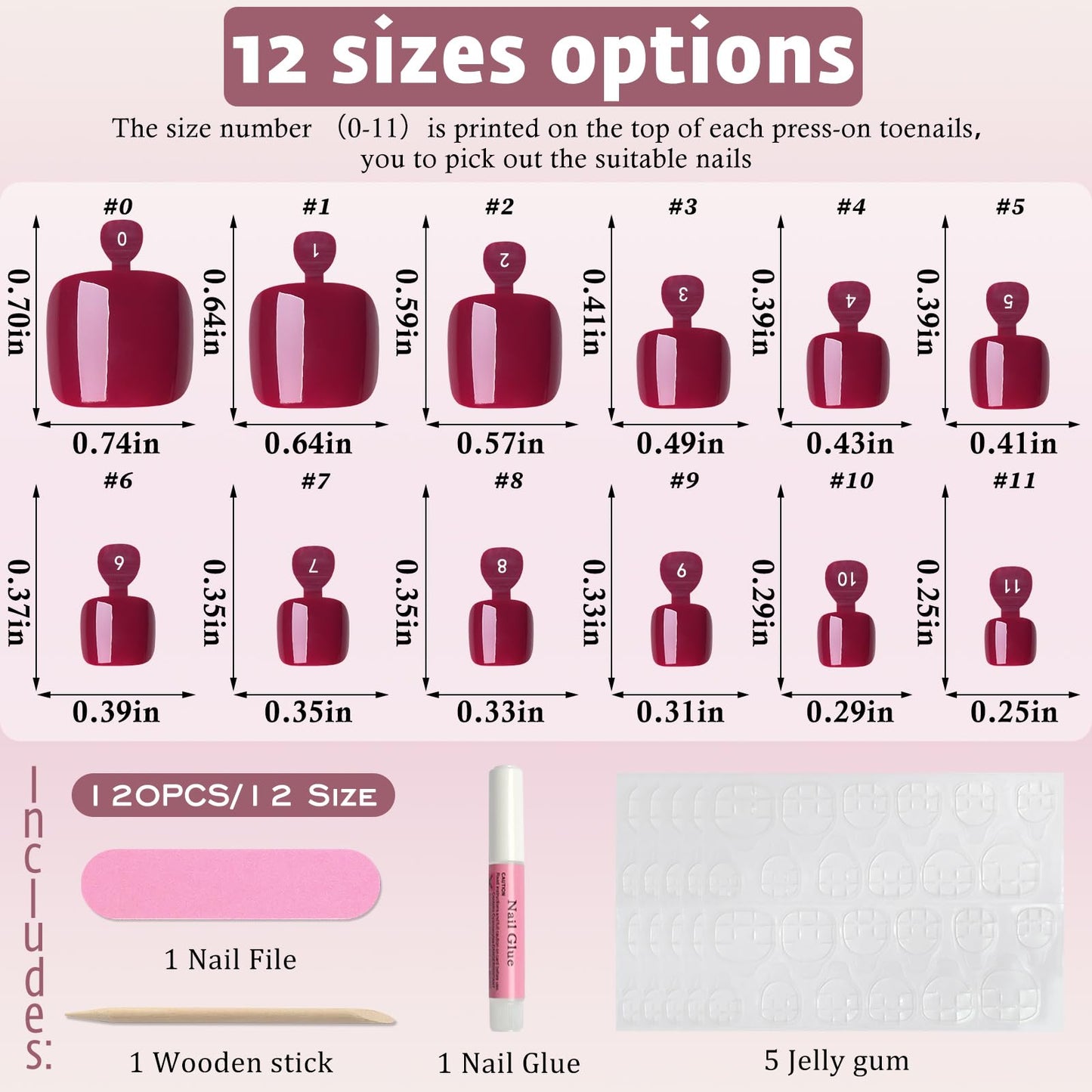 120pcs Burgundy Press on Toenails for Women,Short Square Fake Toe Nails,12 Sizes False Toenails with Nail Glue and Adhesive Tabs