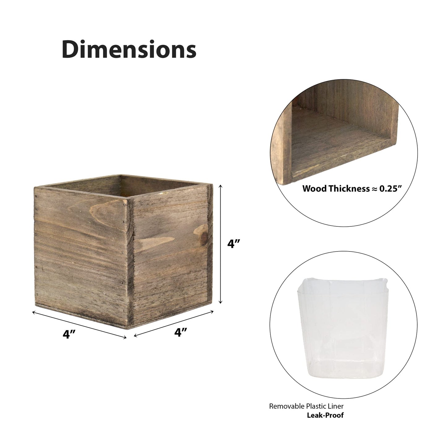 CYS EXCEL Cube Planter Box with Removable Plastic Liner (4"x4"x4")(4 PCS) | Multiple Size Choices Wood Square Planter | Indoor Decorative Window Box