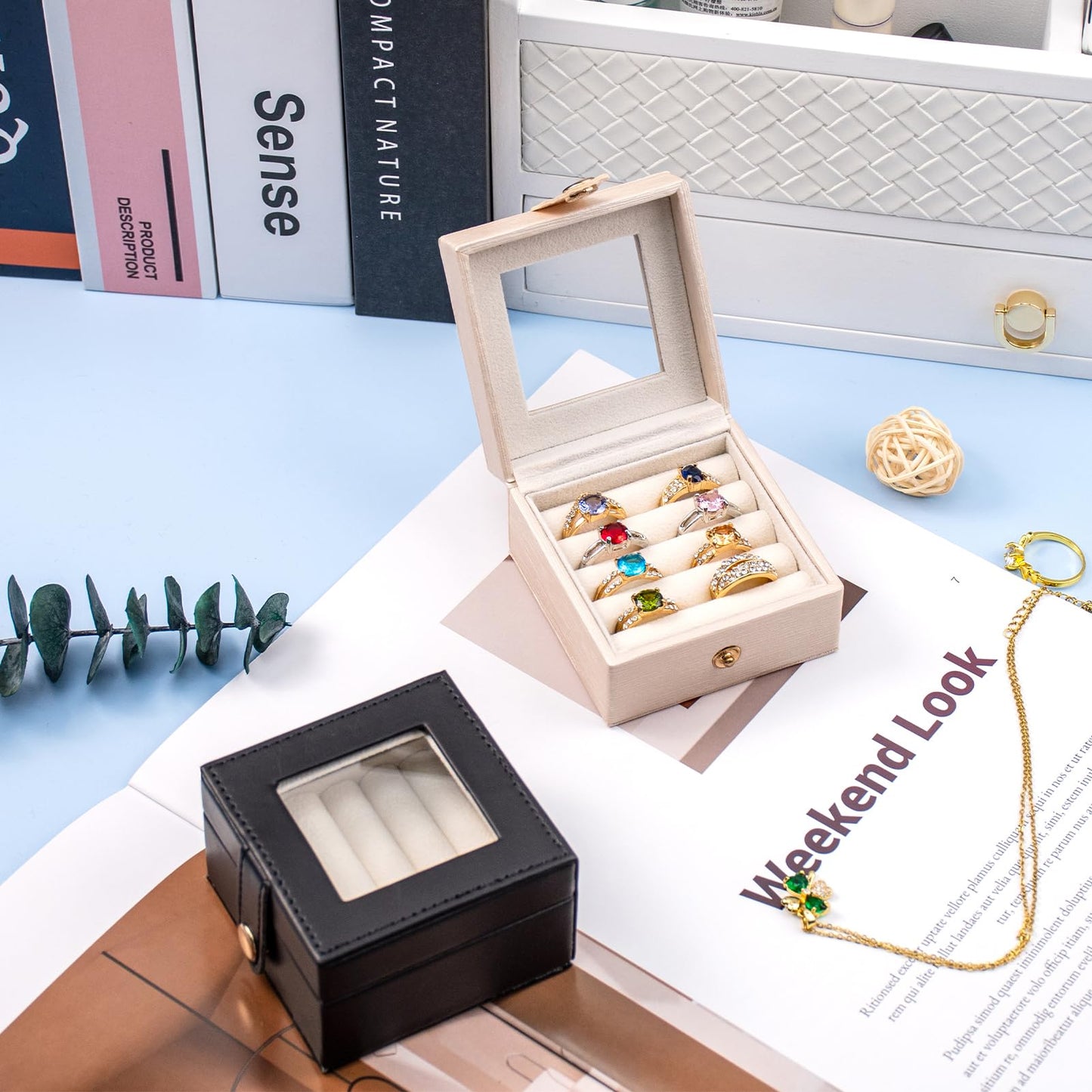 SANQIANWAN Small Leather Jewelry Box with Glass Top Mini Ring Display Case with 8 Slots for Selling Gift for Girls and Women (Pearl White)
