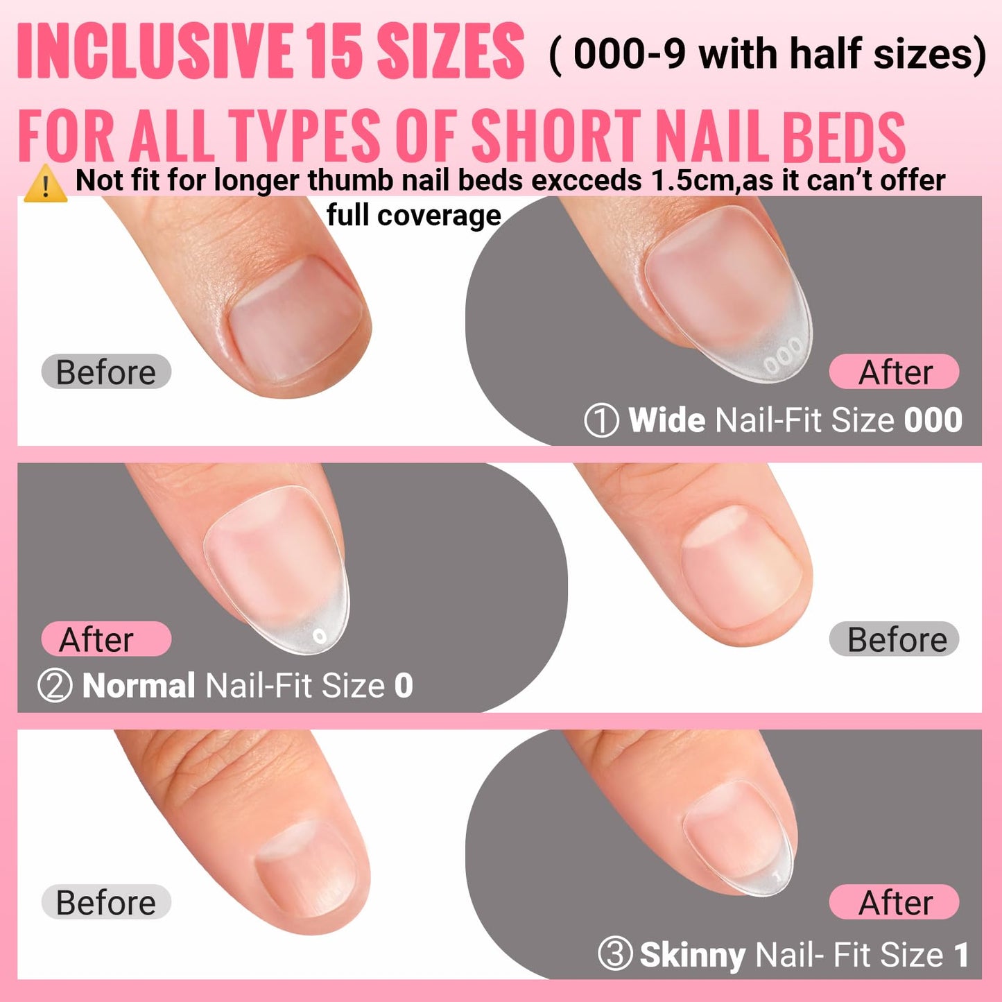 Extra Short Wide Fit Almond Nail Tips for Short Wider Nail Beds,SINOKAME Full Matte No File XS Almond Gel Press On Nails Clear,Paintable Fake Nails Durable 15 Sizes 300 Pcs