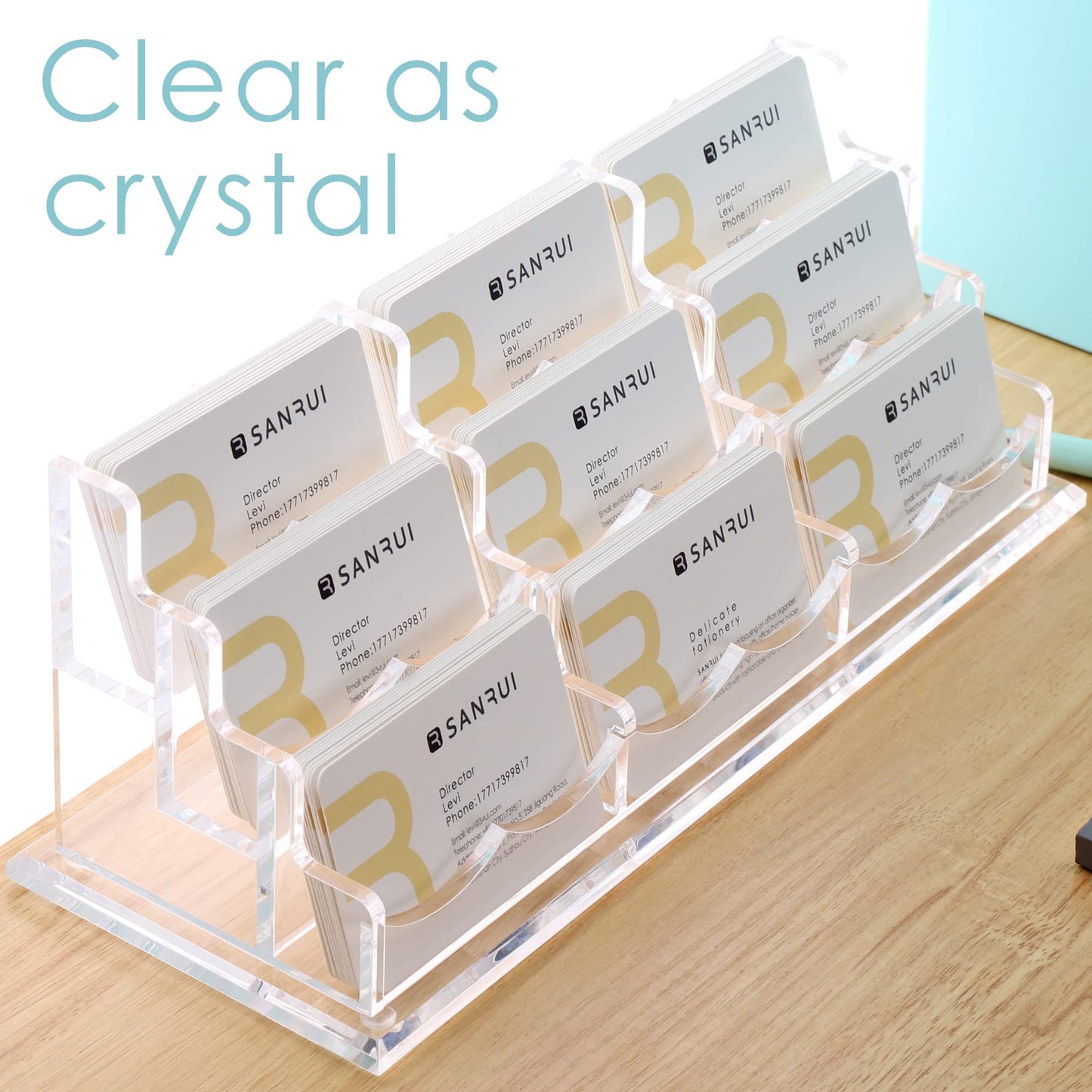 SANRUI Clear Horizontal Business Card Holder Stand for Desk, Acrylic Desktop Display Name Cards Holders Organizer Storage Rack,for Exhibition, Home, Office,3 Tier 9 Pocket, 540 Card Capacity