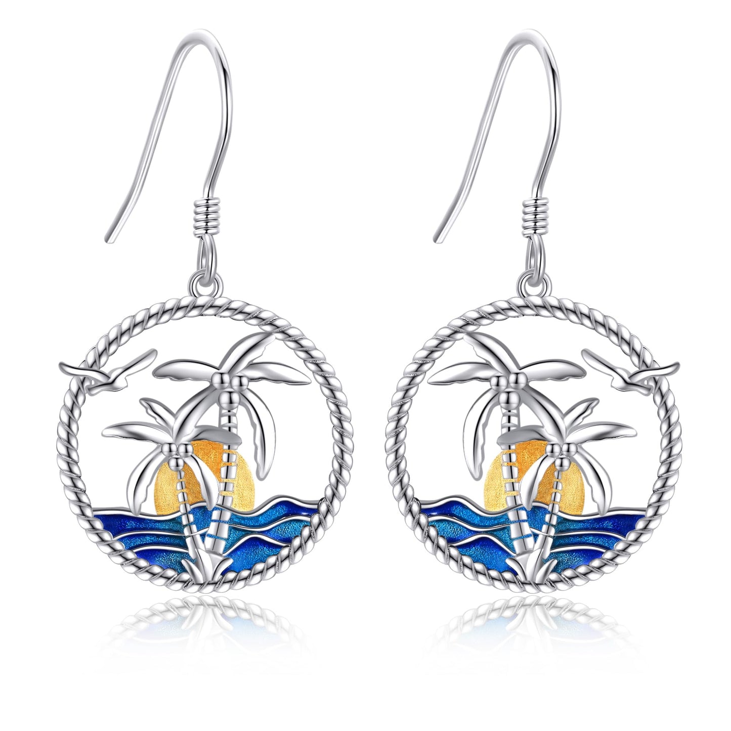 Palm Tree Dangle Earrings S925 Sterling Silver Coconut Tree Jewelry Palm Tree Earring Beach Sunrise Ocean Wave Earrings Gift For Women Female Birthday Gift