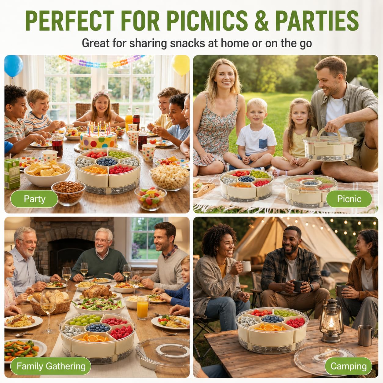 UFORU Divided Serving Tray with Lid, Handle and Chill Base, Portable 6 Compartment Snackle Box Container, Rounded Veggie and Fruit Organizer for Charcuterie, Snacks, Travel, Picnic, Kitchen, Party