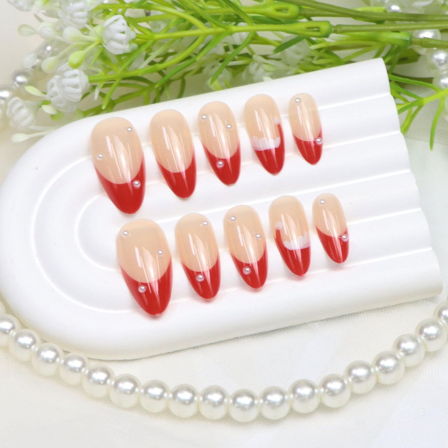 Christmas Press on Nails Medium Almond Fake Nails with Pearl Designs French Tip Nails Press ons Glossy Xmas Red Nude Glue on Nail Winter Artificial Stick on Nail for Women 24 Pcs